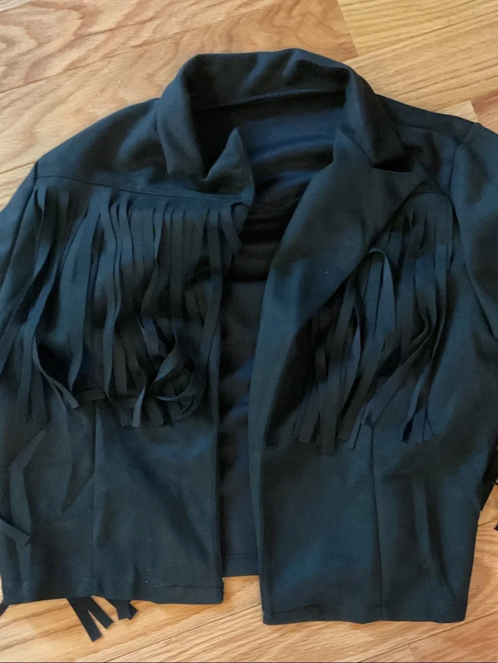 Black Fringe western Open Jacket cropped faux suede medium biker NWOT COWBOY - Picture 4 of 11
